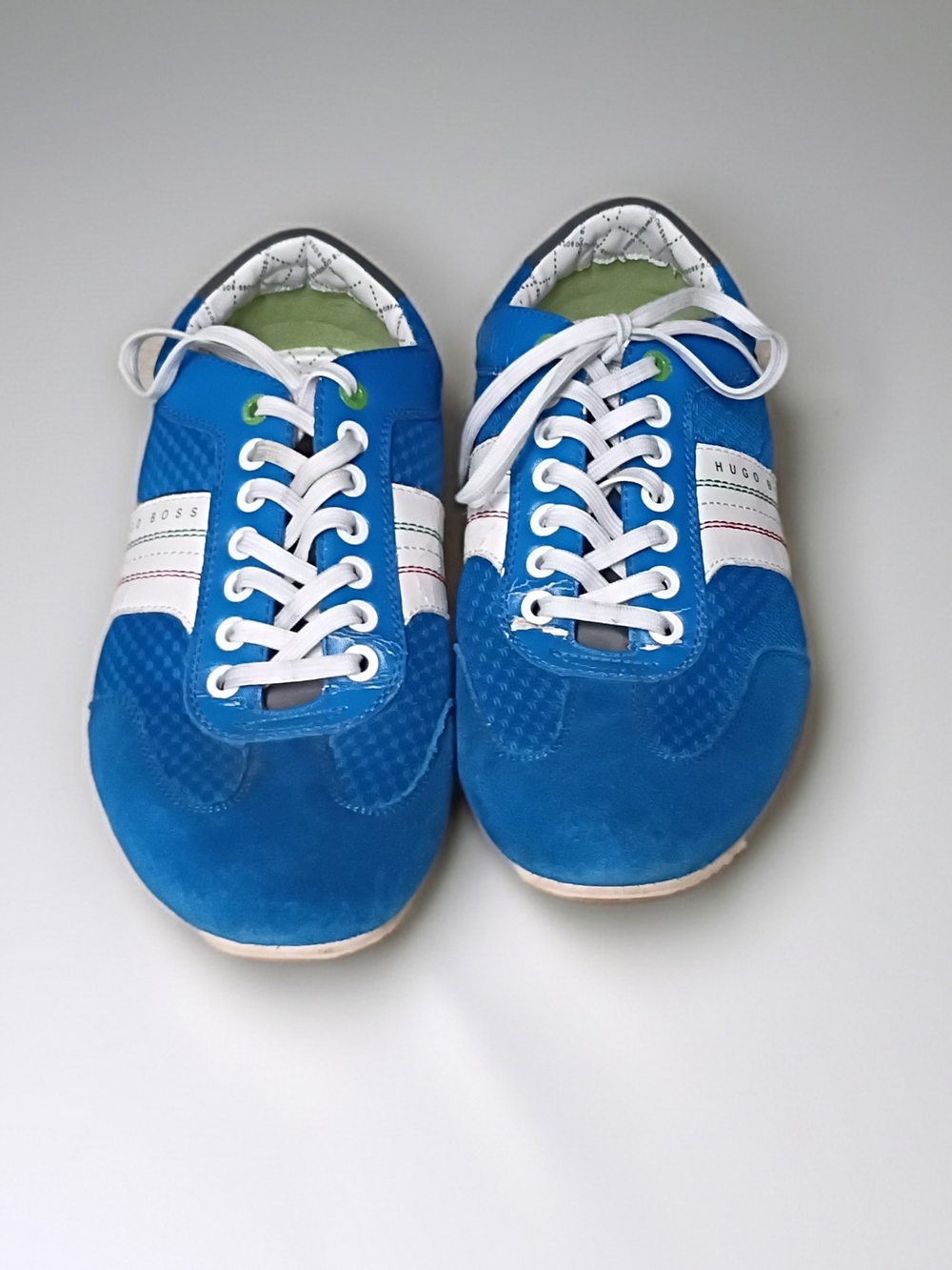 Hugo Boss Blue Patent Lace-Up Sneakers with White Stripes and Red Trim